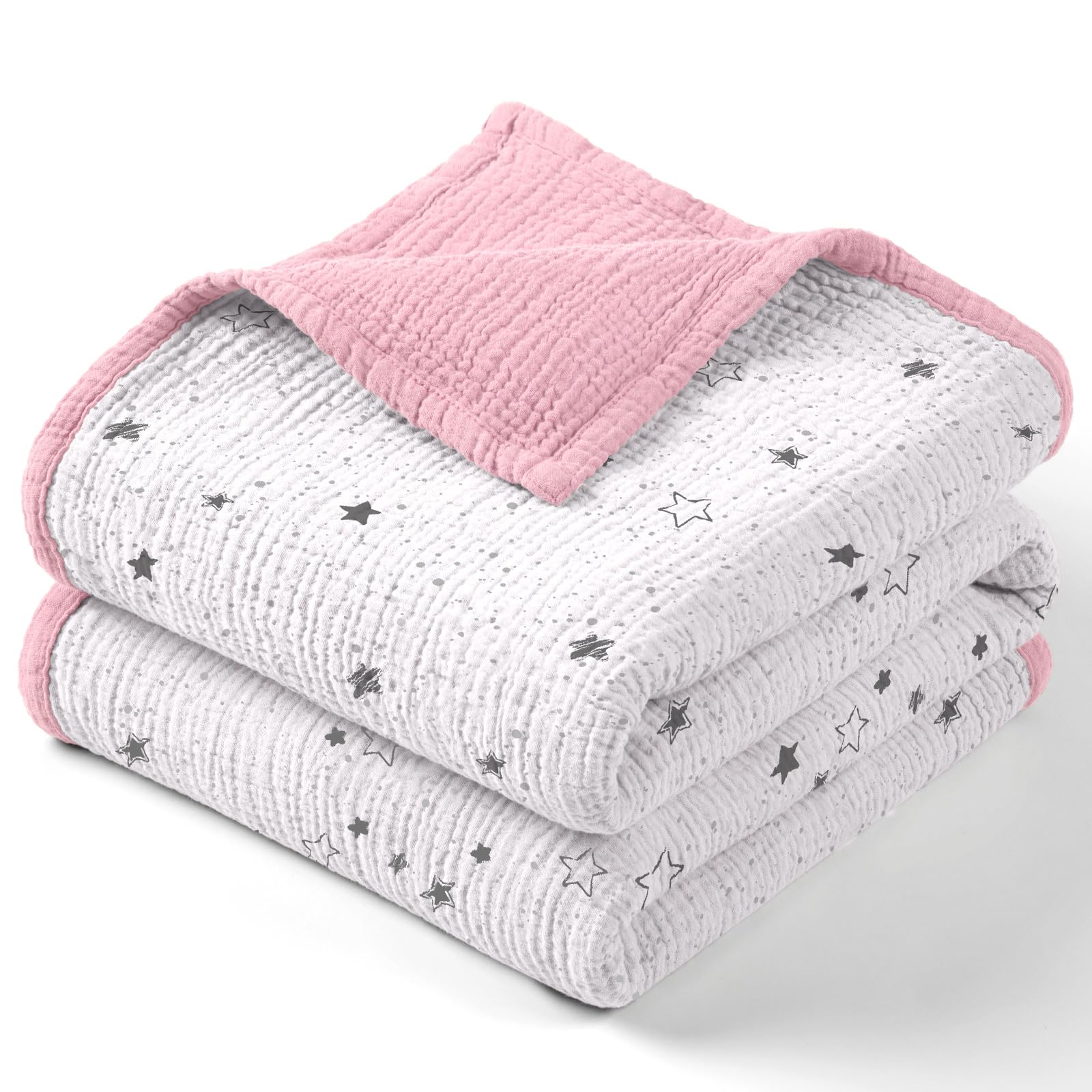 lulumoon Muslin Baby Blanket for Girls - Cotton Quilt Blankets for Toddlers - Reversible Nursery Crib Blanket for Baby Gift 47"x47"(Pink Star)