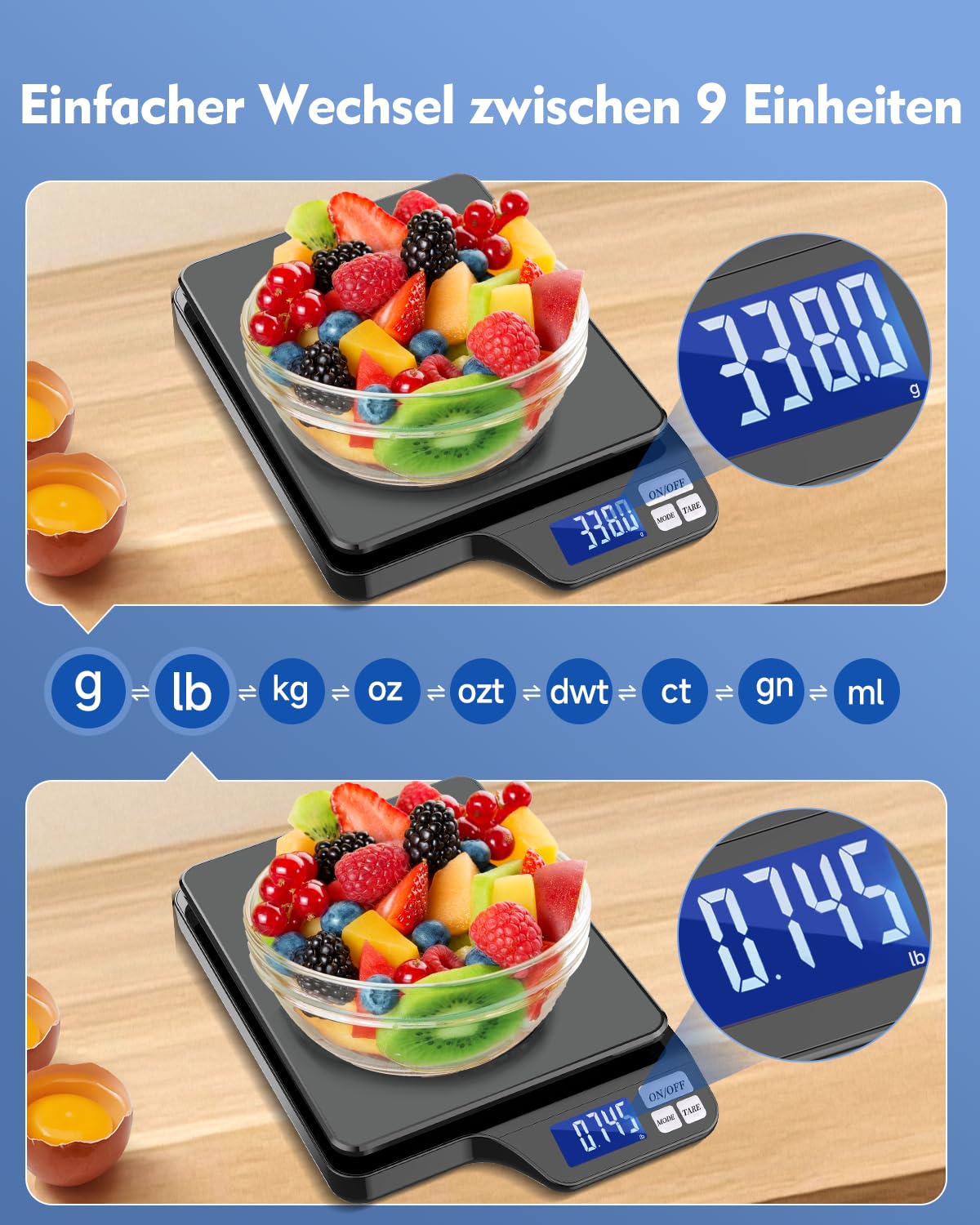 Küchenwaage Digital USB-Aufladung, 5KG/0.1g Tara Funktion, Waage küchen mit Großer Edelstahl Küchenwaage zum Backen und Kochen,Messen von Zutaten, Schmuck so weiter Abschaltautomatik,Tara-Funktion