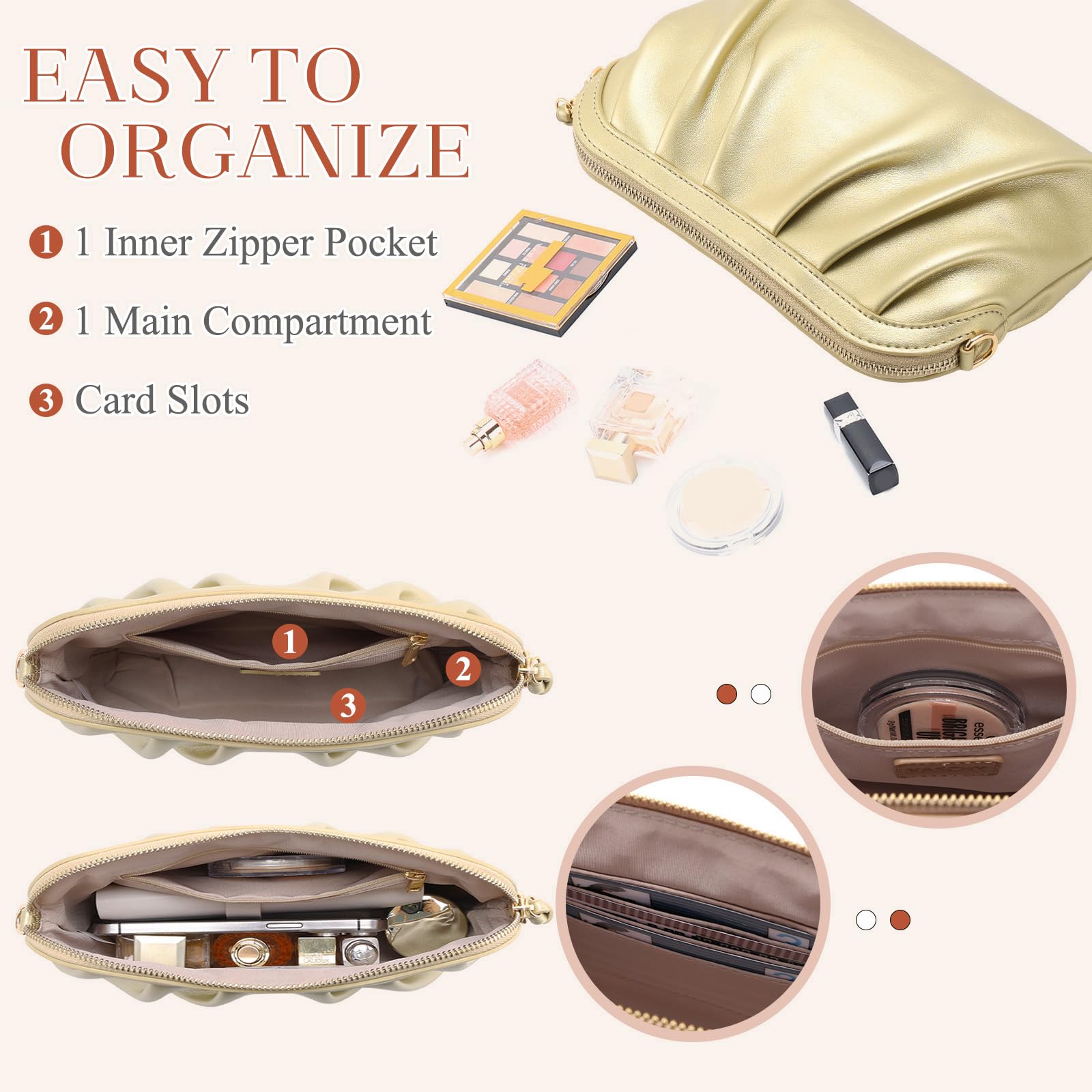 VASCHY Pochettes et Clutches Femme, Élégant Plissé Pochette Mariage en Cuir PU Souple Petit Sac de Soirée Cérémonie Sac Bandoulière Femme avec Chaîne