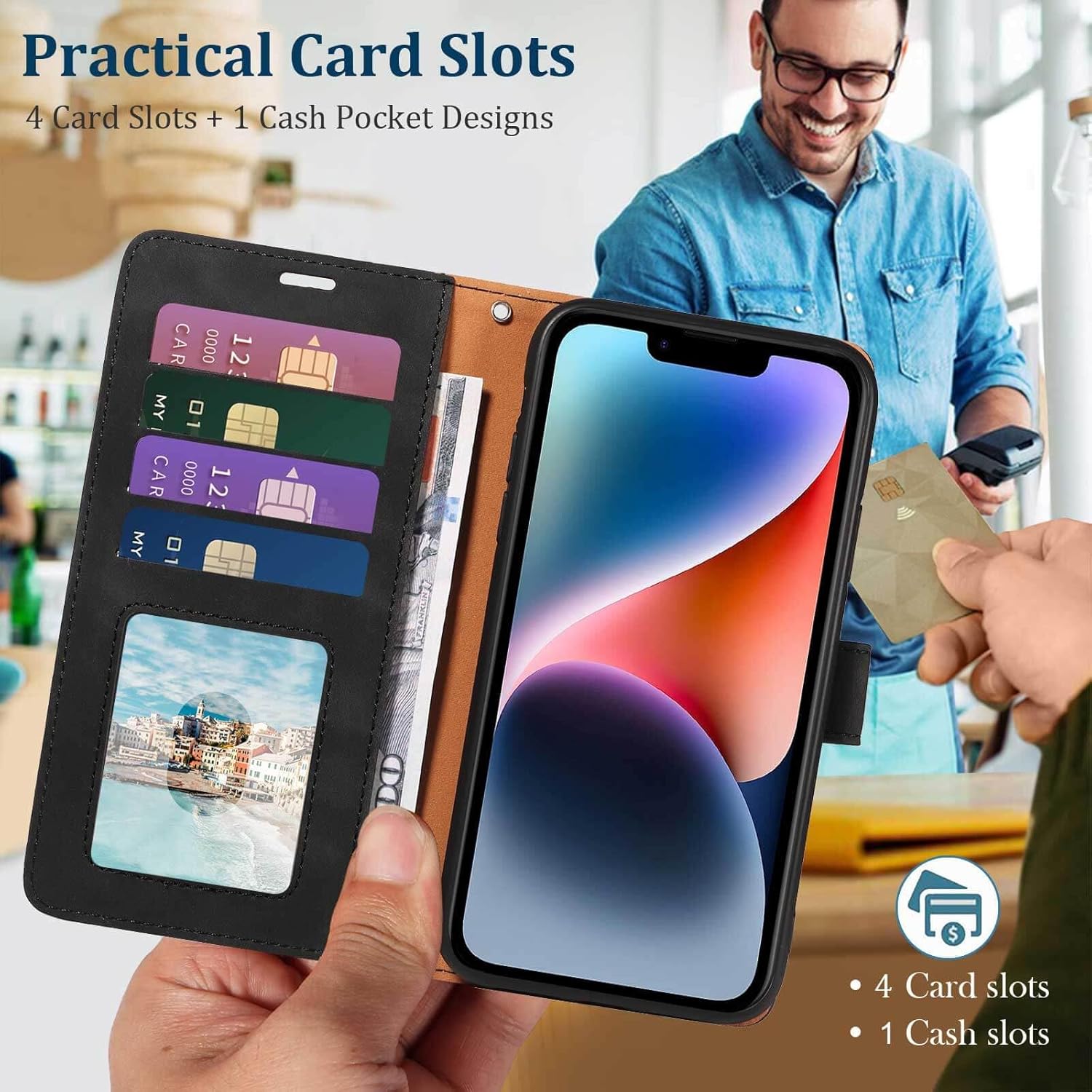 for iPhone 14 Wallet Case, [RFID Blocking 4 Card Slots] [Kickstand] [Wrist Strap] [Magnetic Closure] Soft PU Leather Shockproof Protective Flip Cover for iPhone 14 Case 6.1 Inch (Black) - Image 2