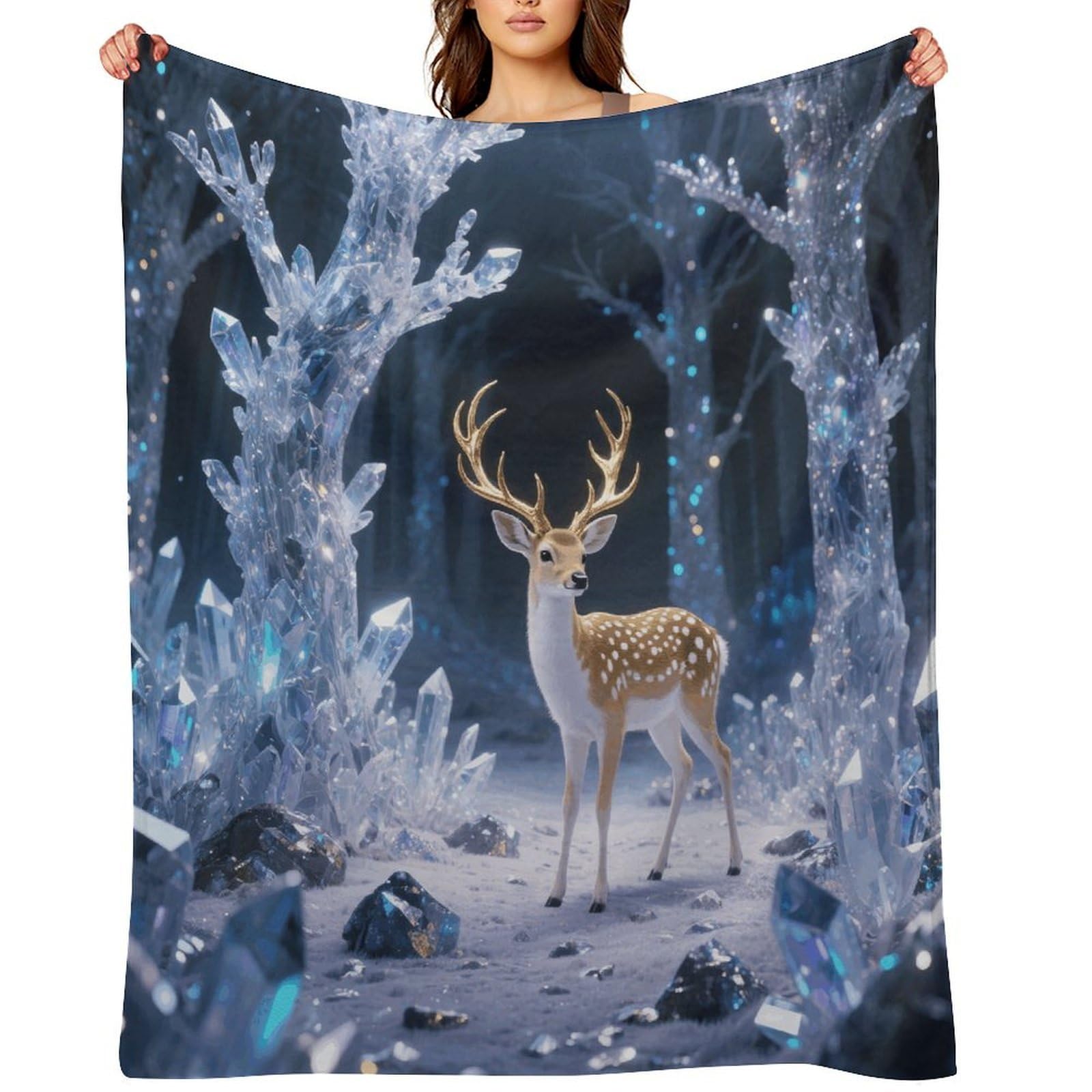 Deer in Crystal Forest Throw Blanket for Couch and Bed Super Soft Warm Lightweight Throw Blankets Cozy Fuzzy Flannel Blanket Personalized Decorative Blankets for Sofa Decor 60"x80"