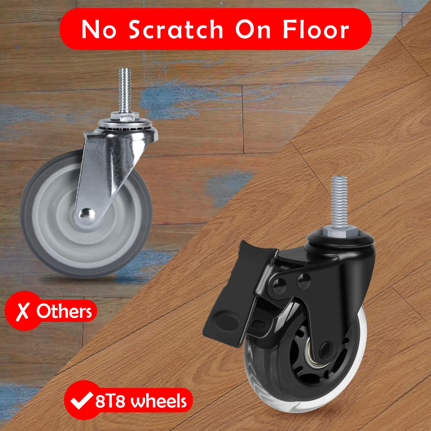 8T8 3" Rubber Caster Wheels Heavy Duty with 2 Brakes, 3/8"-16 x 1-1/2" Threaded Stem Casters Set of 4 (Screw Diameter 3/8", Length 1.5"), Quiet and Smooth Rolling Castors for Furniture Hardwood Floors
