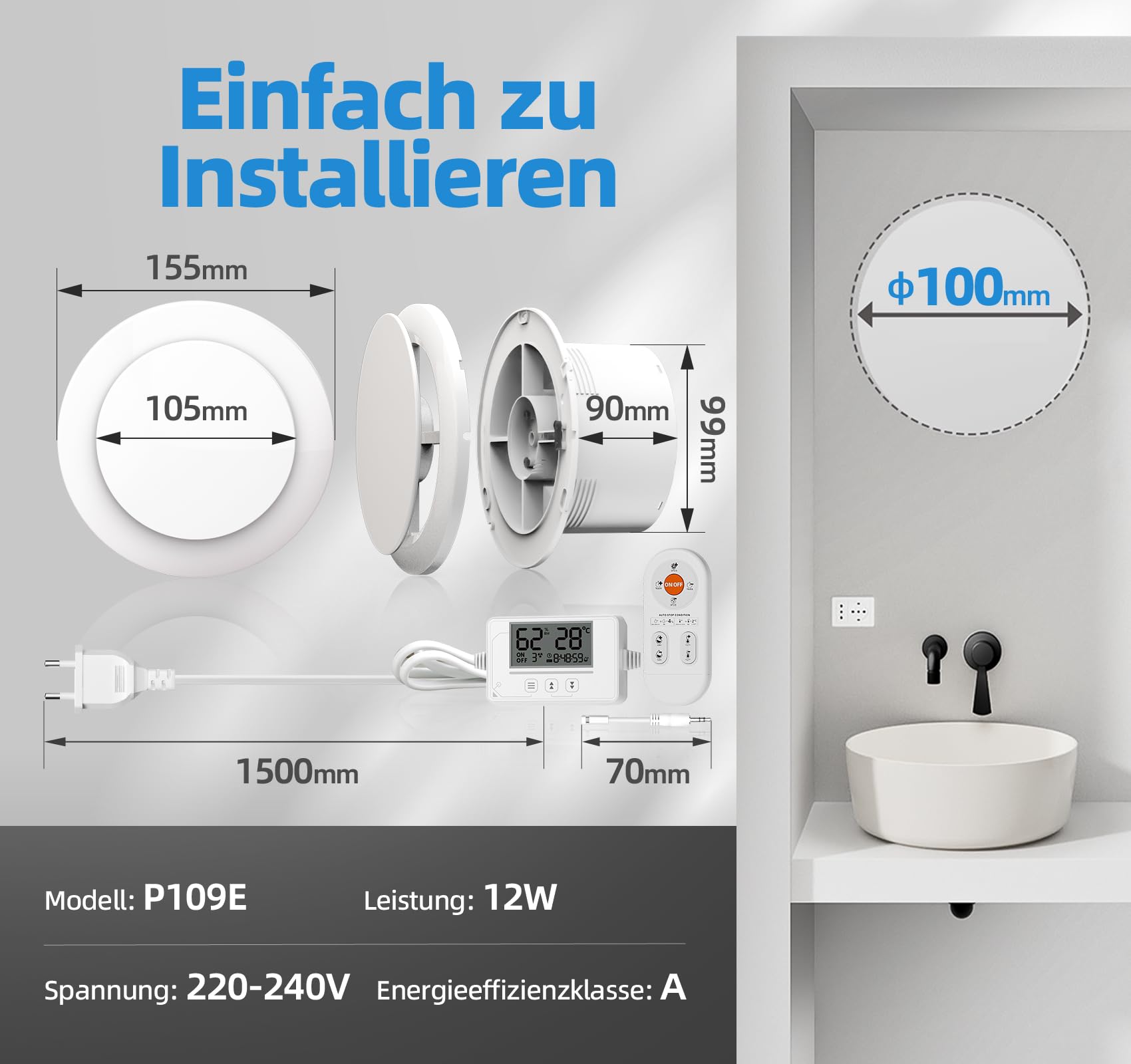 Badlüfter mit Feuchtigkeitssensor 100mm Fernbedienung Echtzeit Display 3 Stufen Timer leise Abluftventilator RU109