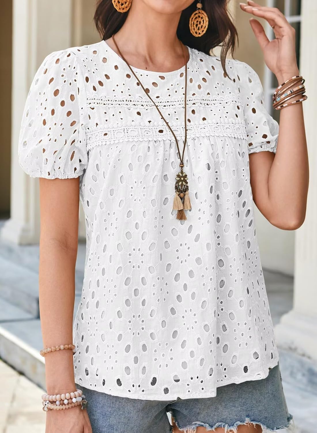 Womens Summer Tops Crewneck Short Sleeve Shirts Casual Babydoll Chiffon Blouses Eyelet Flowy Lace Hem Boho Clothing - Image 5
