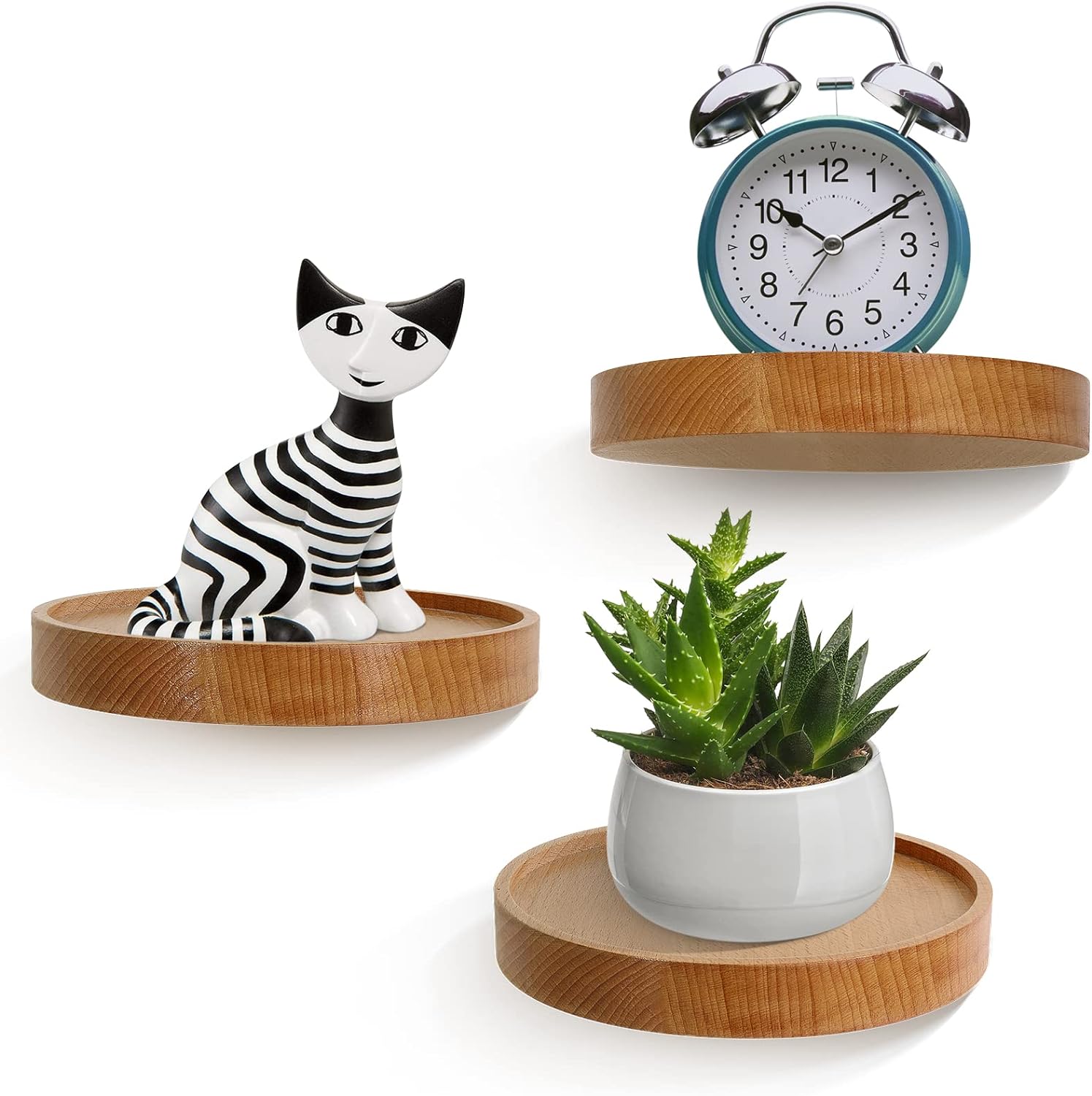 AceList 3-Pack Round Floating Shelves for Wall Decor, 6'' Diameter Beech Wood Floating Shelf, Cup Plant Wall Shelves for Bedroom, Bedroom, Living Room, Bathroom, Kitchen