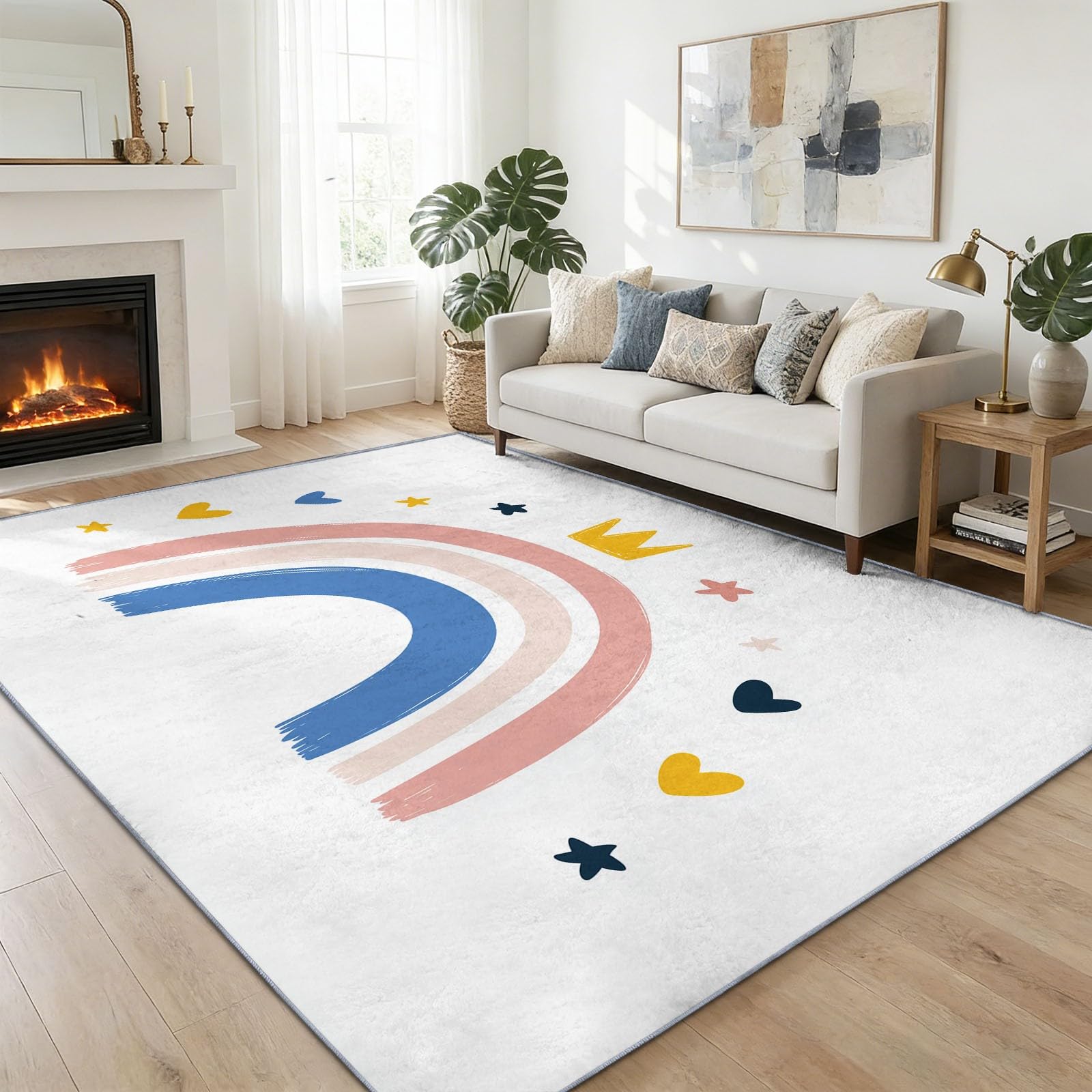 Böhmisch Teppich Waschbar Regenbogen-Herzen Sterne Teppich 100 x 160 cm, Weiche Niedriger Teppiche rutschfest Waschbar Pflegeleicht Teppiche Für Wohnzimmer Schlafzimmer Küche