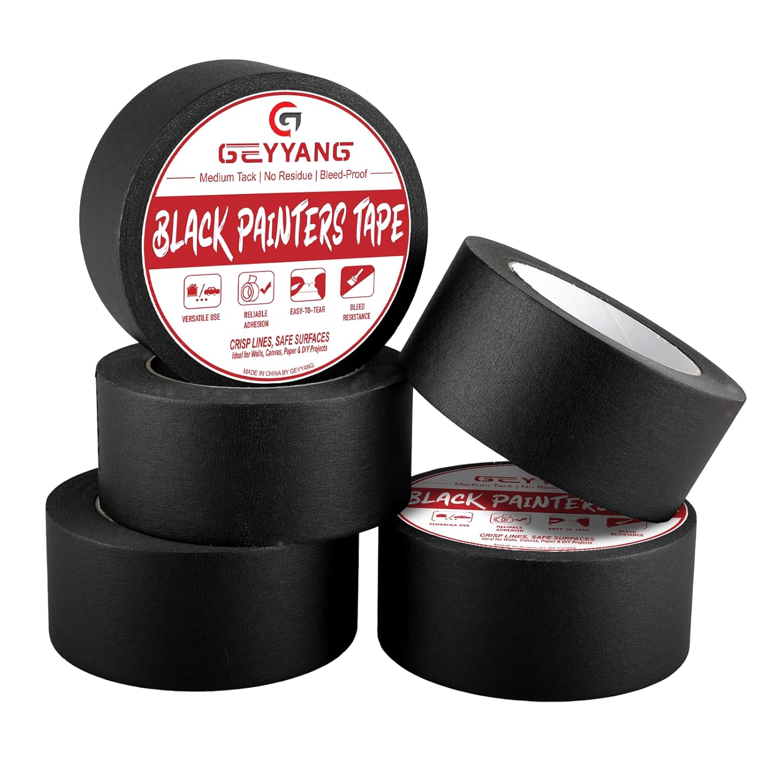 GEYYANG Black Painters Tape, 2 Inch x 55 Yards x 5 Rolls, Black Masking Tape for Painting, DIY Crafts, Home & Auto | No Residue, Multi-Surface Adhesion