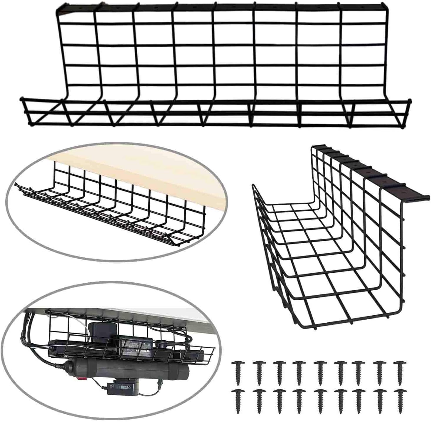 2 Pack Under Desk Cable Management Tray Wire Cord Power Strip Adapter Organizer Steel Metal Cable Tray to Hide Cables and Power Strips Wire Cable Tray Perfect Standing Basket Cord Organizers Black