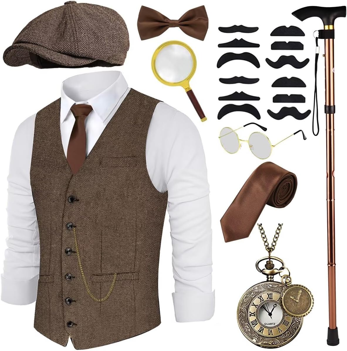 1920s Mens Costume, Roaring 20s Costumes Accessories Set Vest Foldable Crutches Fedora Hat Pocket Watch Tie