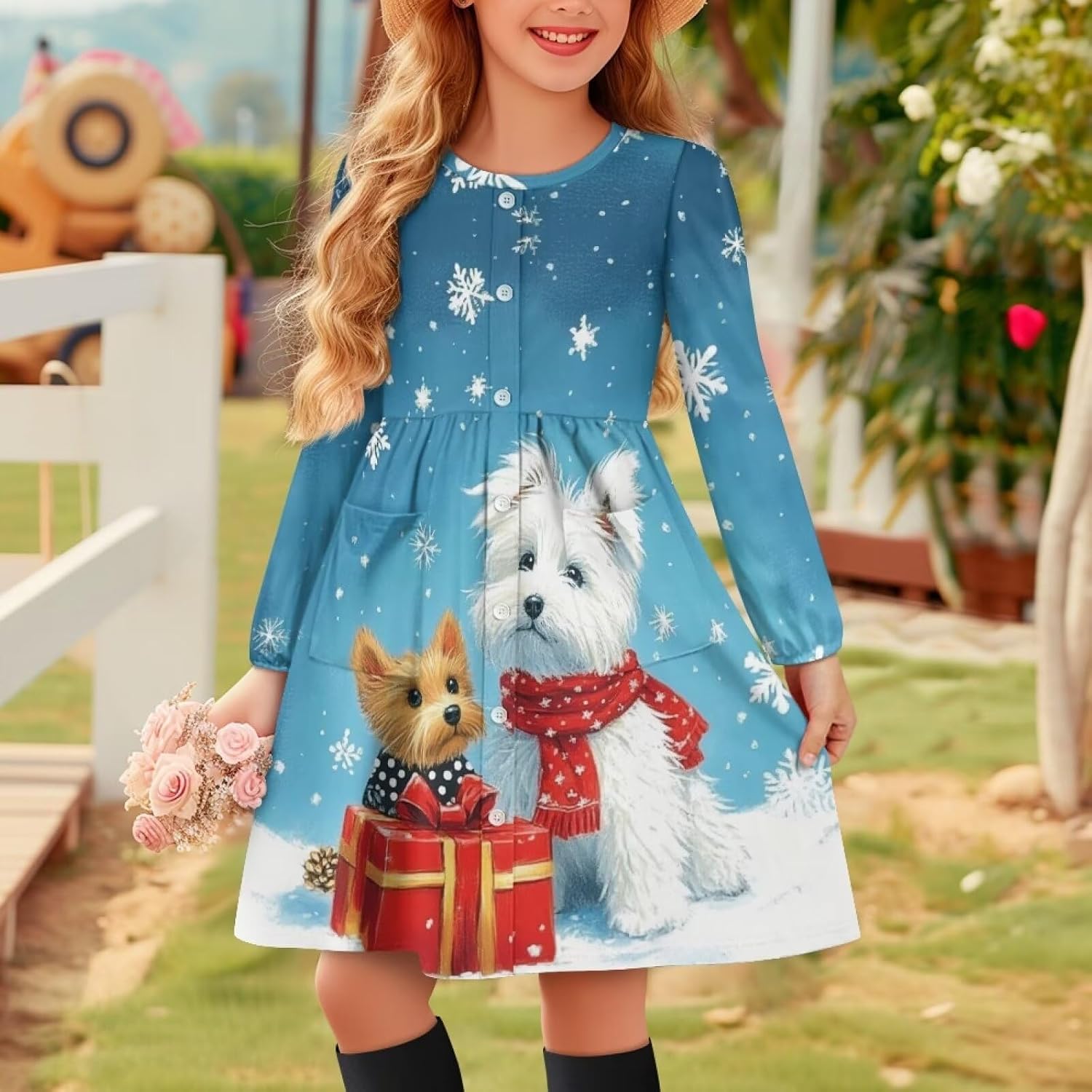 Christmas Dresses for Girls 7-16T Long Sleeve Madi Dress with Pockets Xmas Holiday Party Playwear