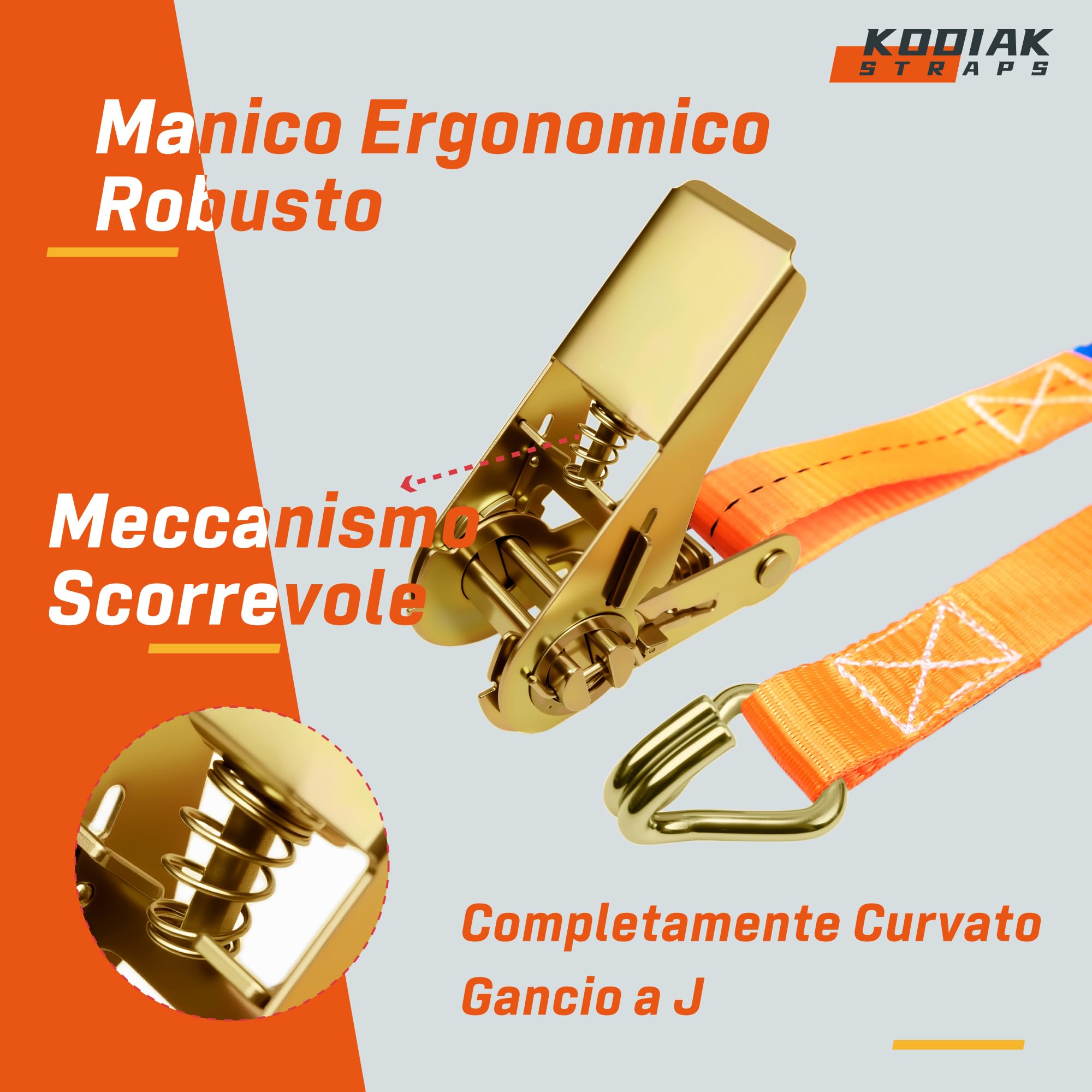 10 Cinghie di Tensione 4m x 1000kg con Cricchetto e Gancio - Cinghie a Cricchetto da 25mm - Cinghia Arancione per la Sicurezza del Carico - Certificato TÜV/GS e secondo DIN EN 12195-2 - KODIAK STRAPS