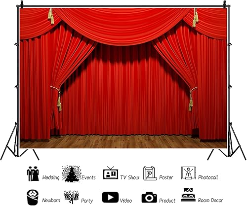 Miniatura 6 de Baocicco Telón de fondo interior de vinilo de 10 x 6.5 pies, luces de escenario para fotografía, fondo de escenario, cortinas rojas, piso de madera,
