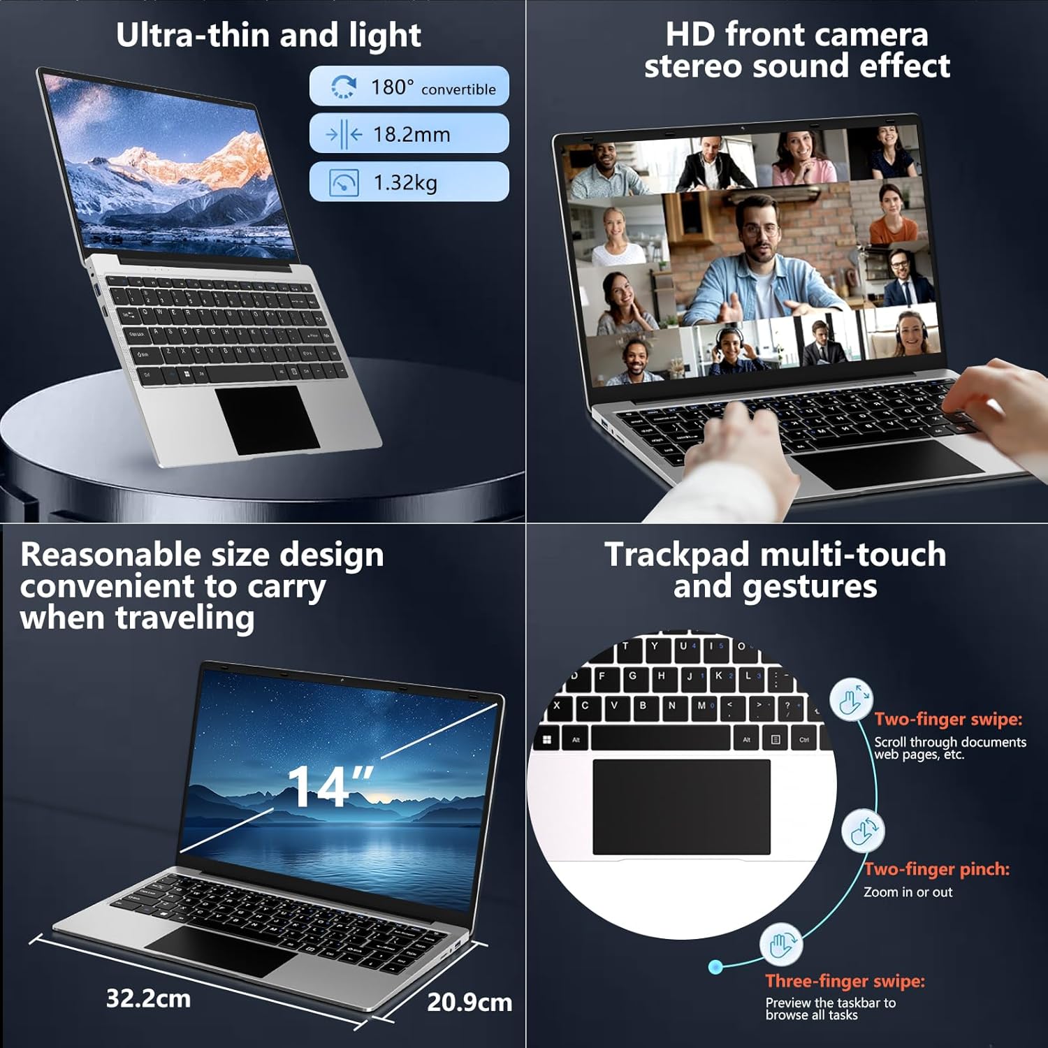 2026 14 Inch Laptop Computer Win 11 8GB+256GB SSD Up to 1TB SSD Expand Laptops N4020 Up to 2.8Ghz DDR4 1080p FHD Dual WiFi BT4.2 with Webcam Screen Projection Function for Business Student--Silver