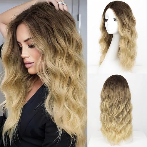 AISI HAIR Ombre Blonde Wig for Women Medium Length Wave Curly Glueless Synthetic Heat Resistant Hair Wigs for Daily Party Cosplay