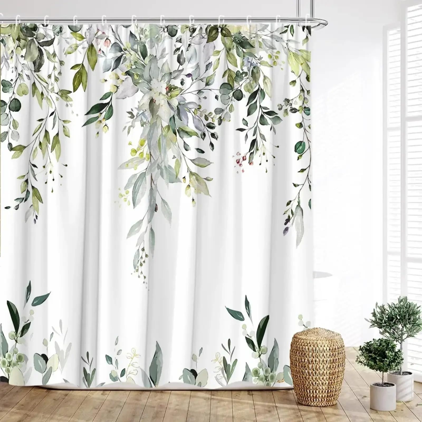 JGGXHM Green Eucalyptus Shower Curtain, Watercolor Plant Floral Eucalyptus Leaves Fabric Shower Curtains Spring Bathroom Decor 35x71in-90x180cm/WxH fabric curtain