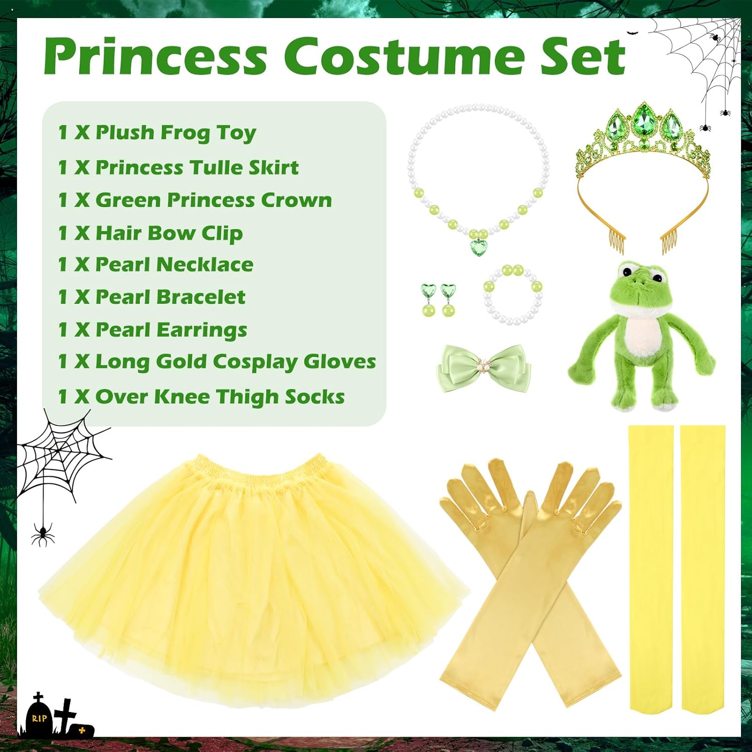 9 Pcs Halloween Princess Costume Set Adult Women Frog Tulle Skirt Gems Leaf Tiara Necklace Earring Gloves Stockings - Image 3