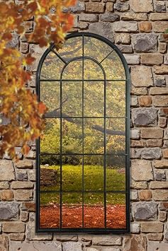 MirrorOutlet Large New Black Multi Panelled Arched Window Garden Outdoor Mirror 4ft7 x 2ft2,140 x 65 cm