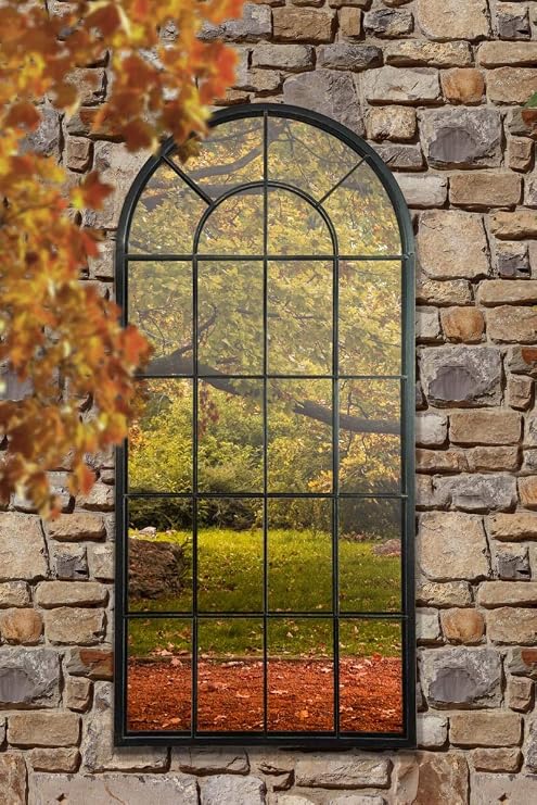 MirrorOutlet Large New Black Multi Panelled Arched Window Garden Outdoor Mirror 4ft7 x 2ft2,140 x 65 cm