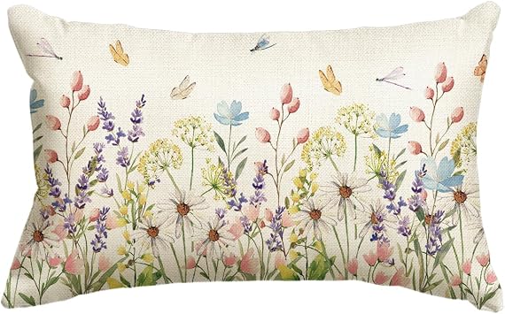 AVOIN colorlife Spring Colorful Flowers Daisy Dragonfly Throw Pillow Cover, 12 x 20 Inch Spring Cushion Case for Sofa Couch