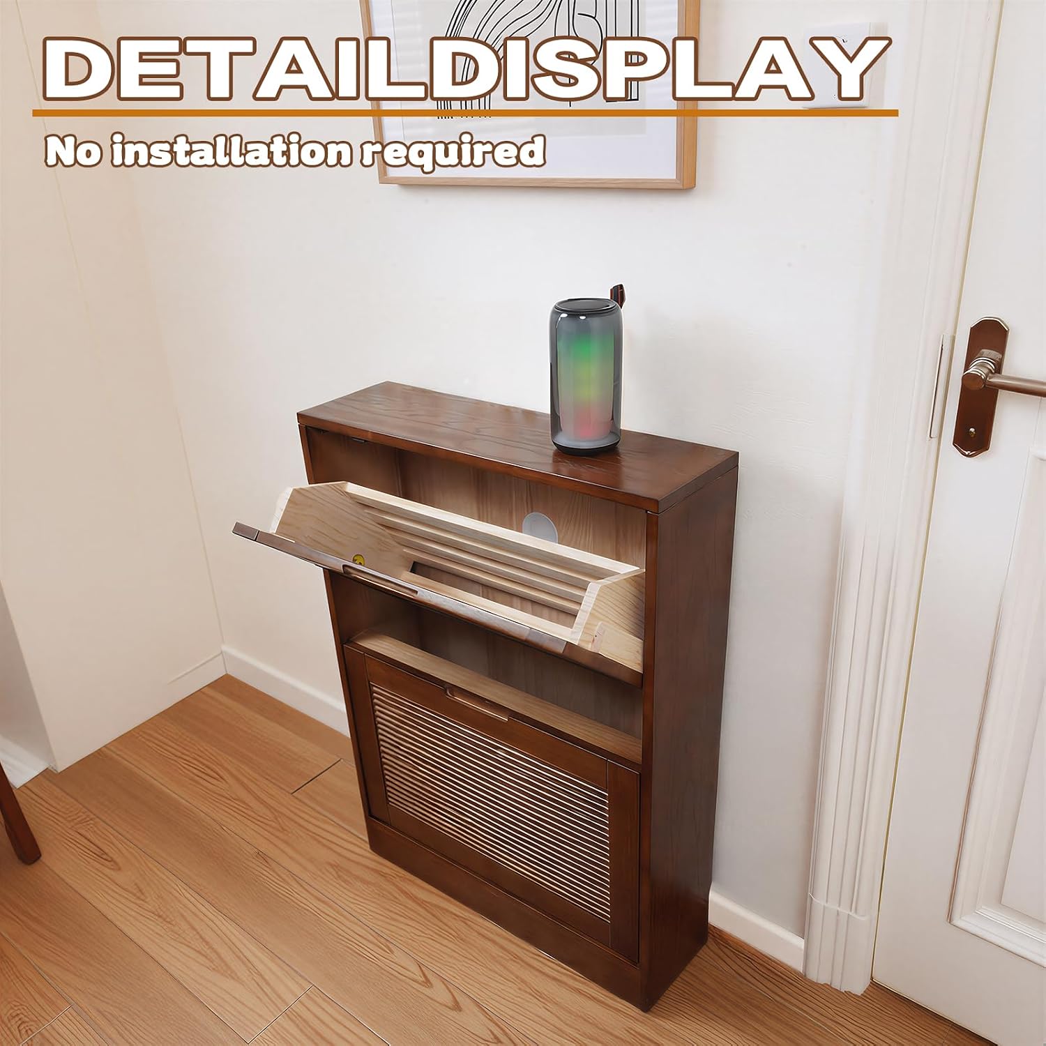 Solid Shoe Storage Cabinet with 2 Flip Drawers, Narrow Wood Shoe Organizer Cabinet with Fluted Panel, Slim Shoe Rack for Entryway, Freestanding Shoe Cabinet for Entryway Hallway Foyer，Walnut