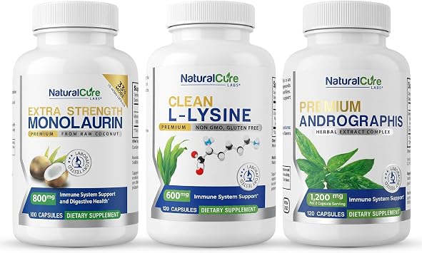 Extra Strength Stack Monolaurin 800mg + Clean L-Lysine 600mg + Andrographis, Advanced Immune Support Routine Bundle