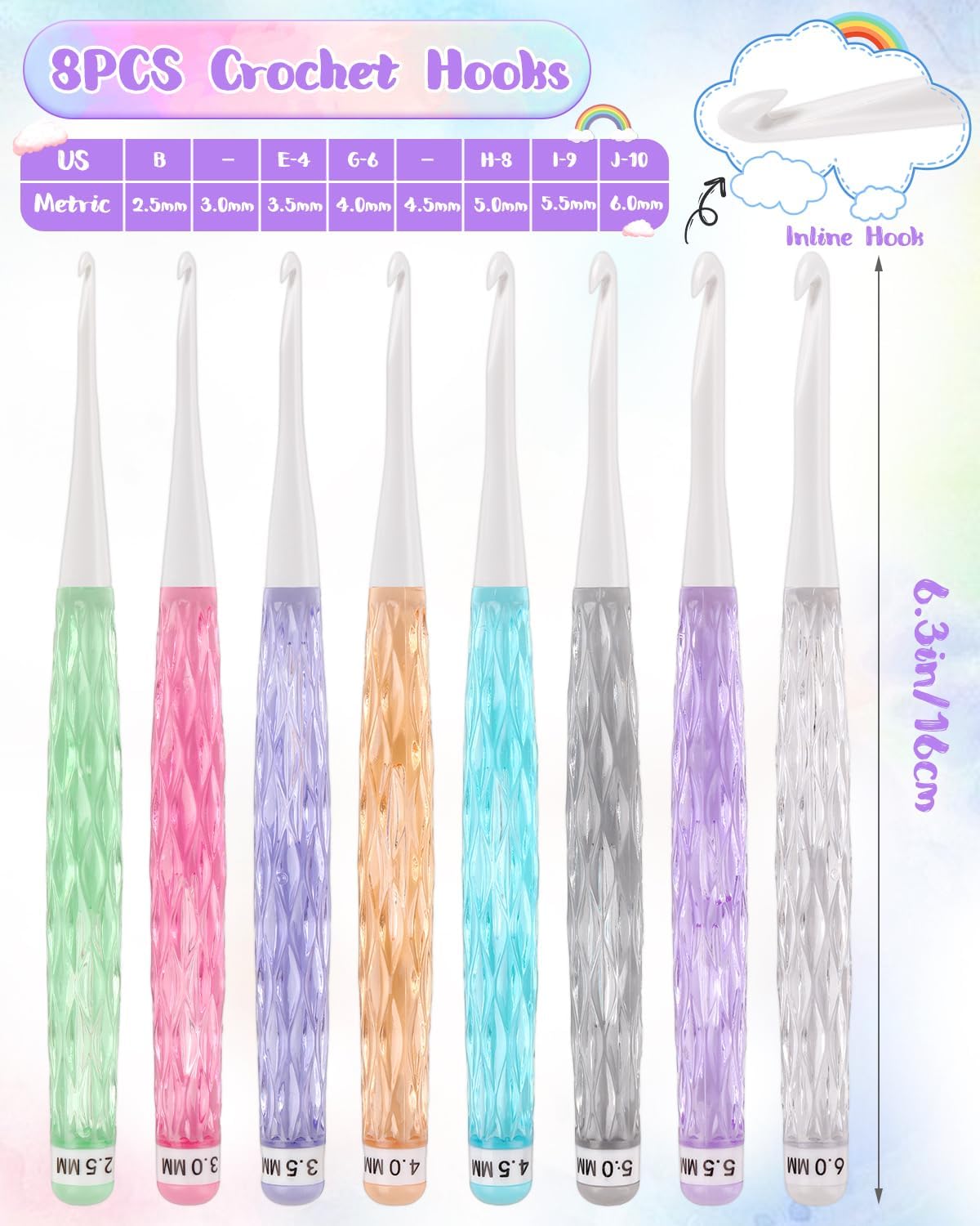 Coopay Crochet Hooks, Inline Crochet Hook Set 2.5mm(C)-6mm(J), See-Through Plastic Handle, Ergonomic & Pretty, Ideal for Crocheting Blankets, Dolls, Shawls, Hats, Scarves