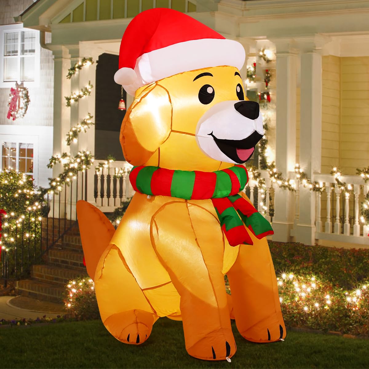 COMIN Aufblasbare Weihnachts-Dekoration für den Außenbereich, 152 cm, Golden Retriever mit integrierten LEDs für den Innenbereich, Party, Rasen, Garten, Dekoration