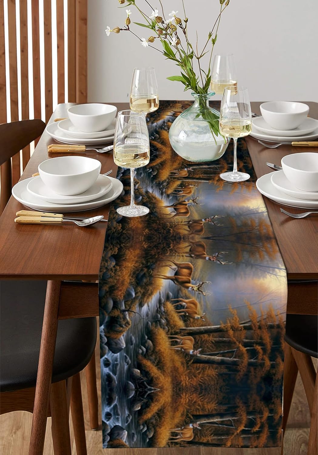 Table Runners 120 inches Long, Deers Stream in Forest Painting Table Runner Farmhouse Dresser Scarves,Decortaive Table Runner Cover for Dining Coffee Table Holiday Party Wedding