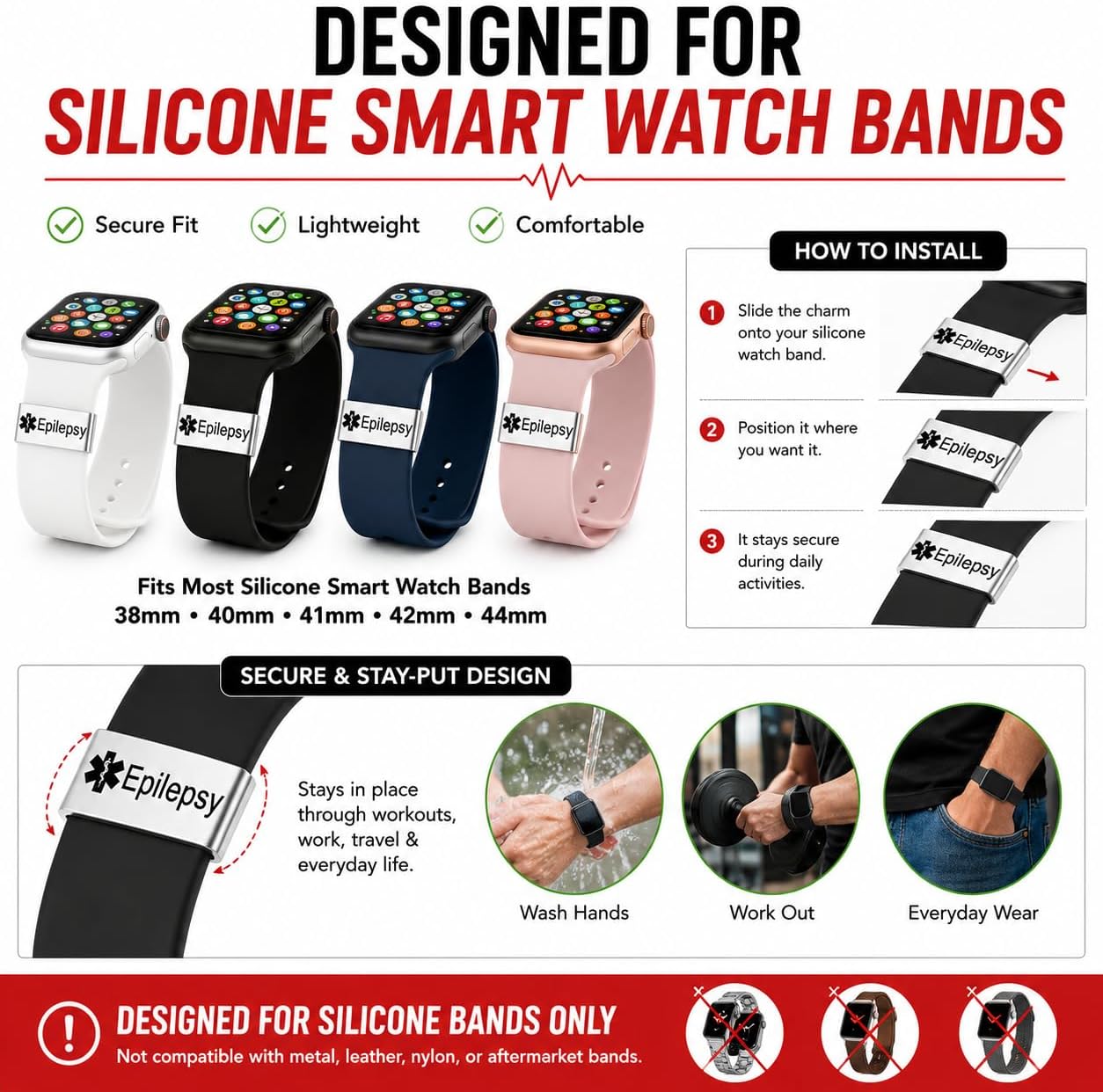 Epilepsy Medical Alert Watch Charm, Stainless Steel Medical ID Tag for Silicone Smart Watch Bands, Seizure Alert ID, Fits 38mm 40mm 41mm 42mm 44mm Bands