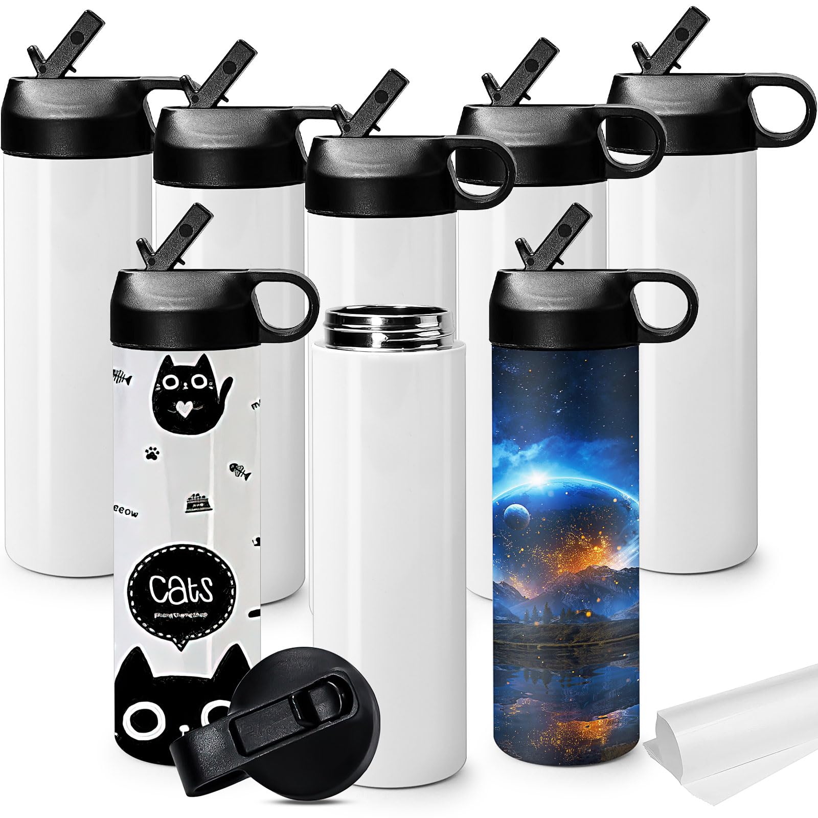 8 Pack Sublimation Sport Water Bottle, 20 oz Skinny Straight Sublimation Tumbler Blank, White Stainless Steel Tumbler Cup with Portable Handle & Straw Lids for Tumbler Heat Press