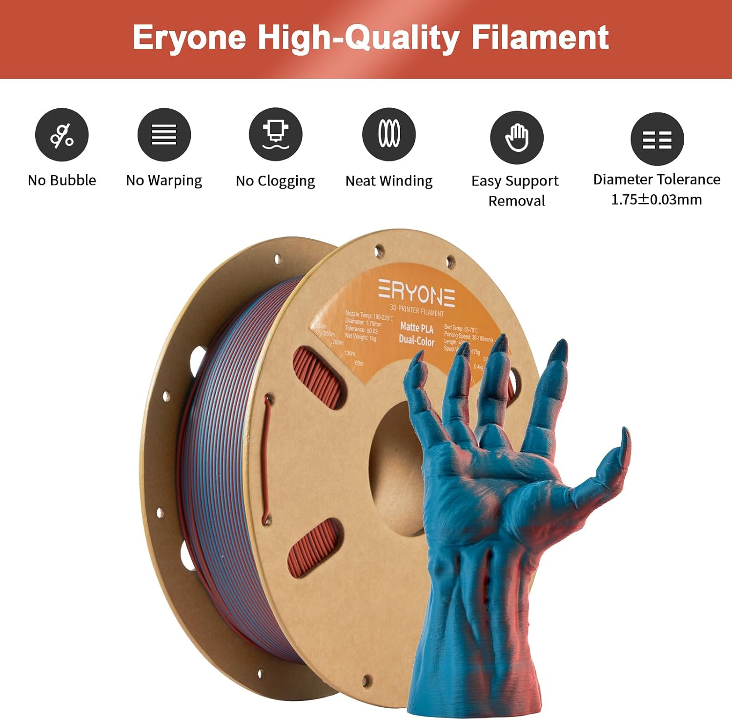 ERYONE Matte Dual Color 3D Printer PLA Filament 1.75 +/- 0.03mm, Matte Bicolor Filament PLA 1KG(2.2LBS) Spool, Teal&Burnt Orange