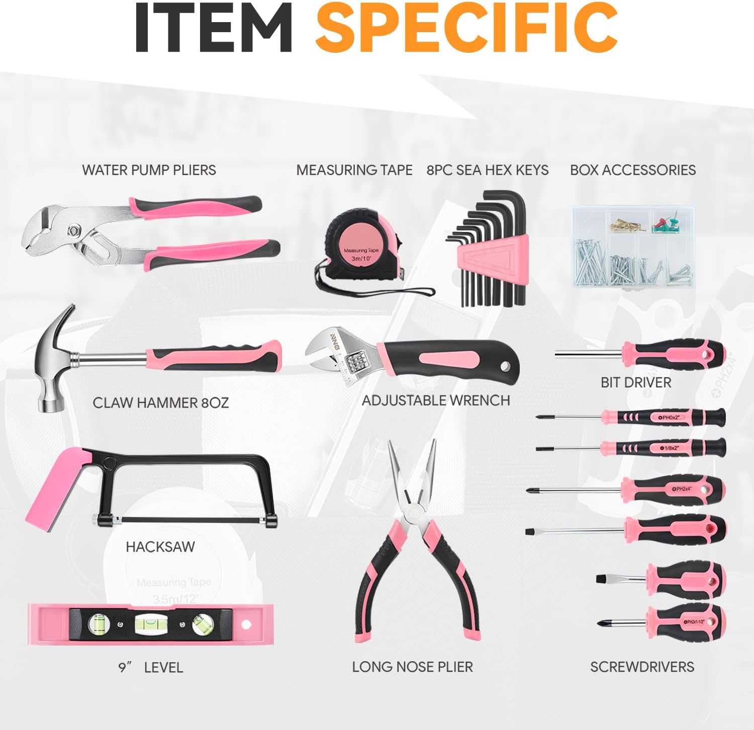 Auto Dynasty 37pcs Tool Bag Household DIY Hand Tool Portable Kit with General Repair Tools, Water Pump Pliers, Hacksaw, and Wide-Open Mouth Canvas Storage Bag, Pink