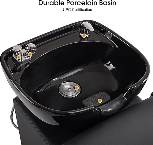 Miniatura 4 de BarberPub Silla de estación de champú de lavado a espalda con cuenco de cerámica de porcelana para lavar el cabello, rompe al vacío, silla