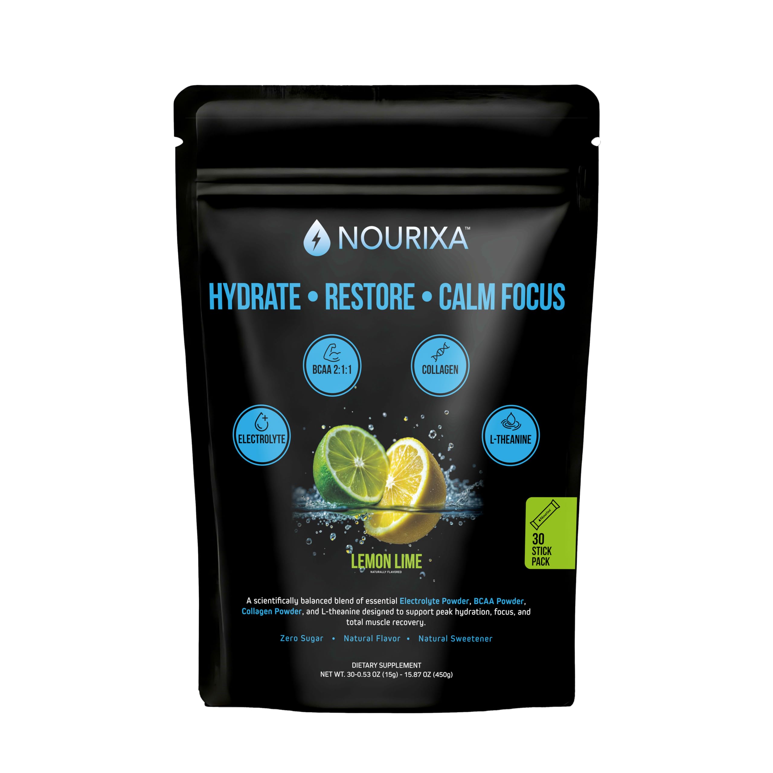 NOURIXA Suplemento em pó para pós-treino com eletrólitos, BCAA 2:1:1, colágeno hidrolisado e L-teanina, 30 sachês