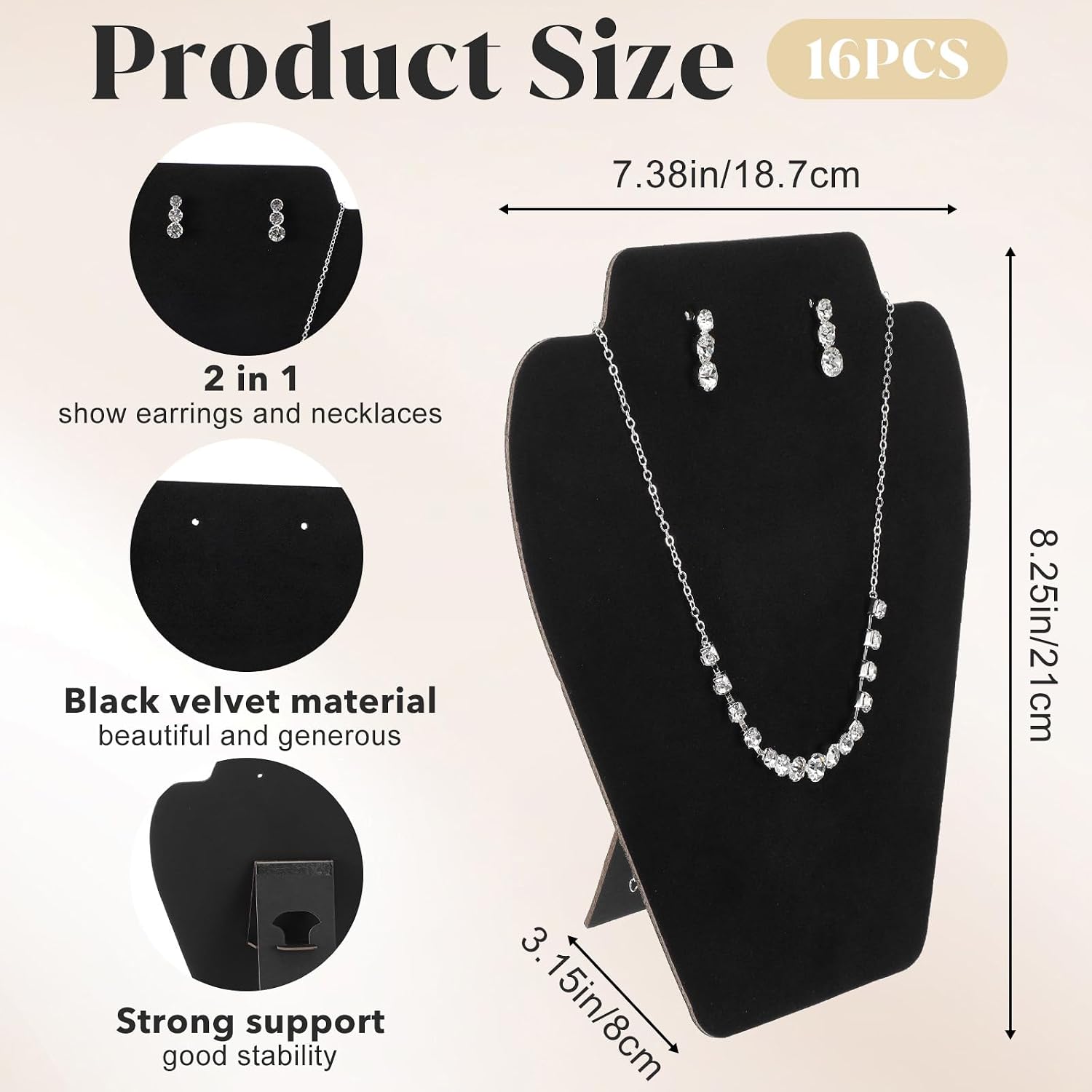 16 Pcs Black Velvet Necklace Display Stand Set, Foldable Jewelry Easel Mannequin Bust Holder for Selling and Shows, Store Home Organizer, 7.38 x 8.25 Inches