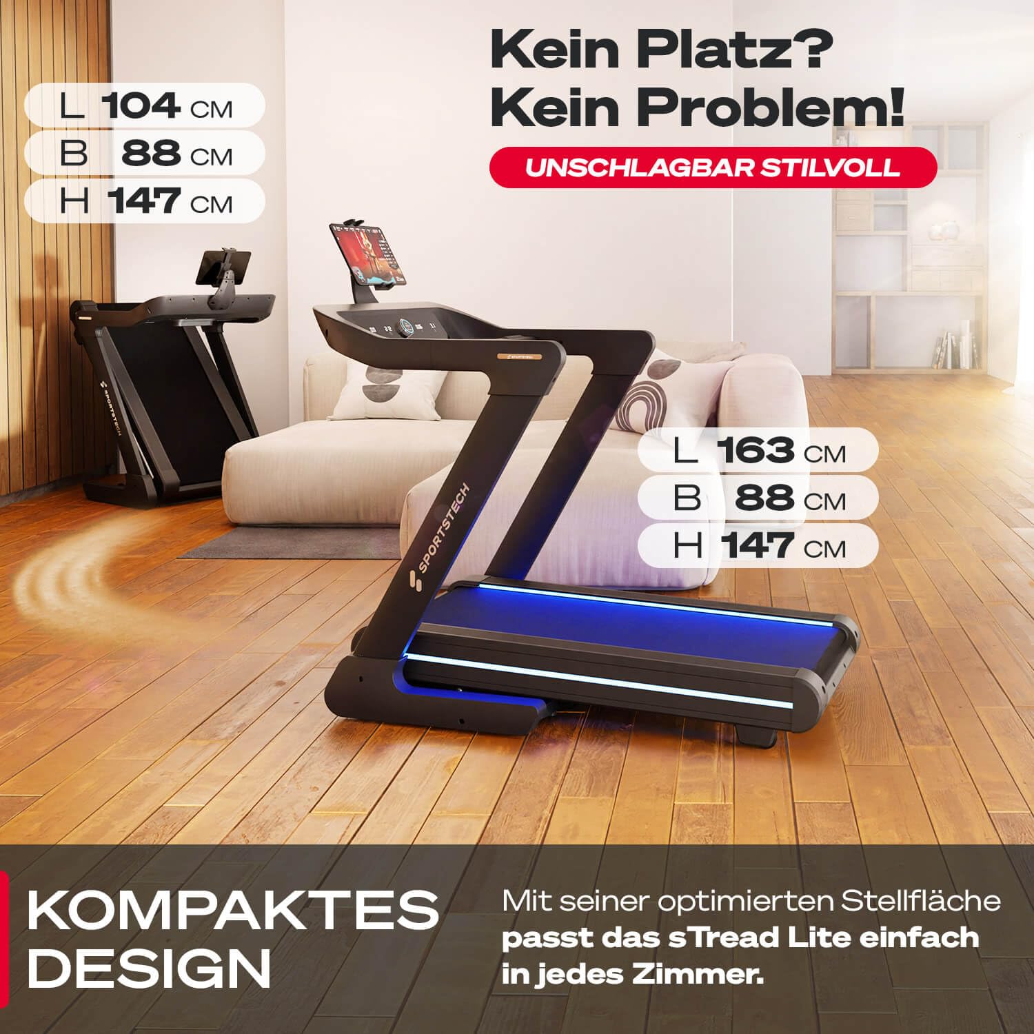 Sportstech sTread Lite Laufband für Zuhause klappbar bis 150 kg & 20 km/h – Treadmill mit 16% Steigung, 7 PS Motor, extra große Lauffläche, LED-Display, App-kompatibel, sPulse Pulsgurt inkl.