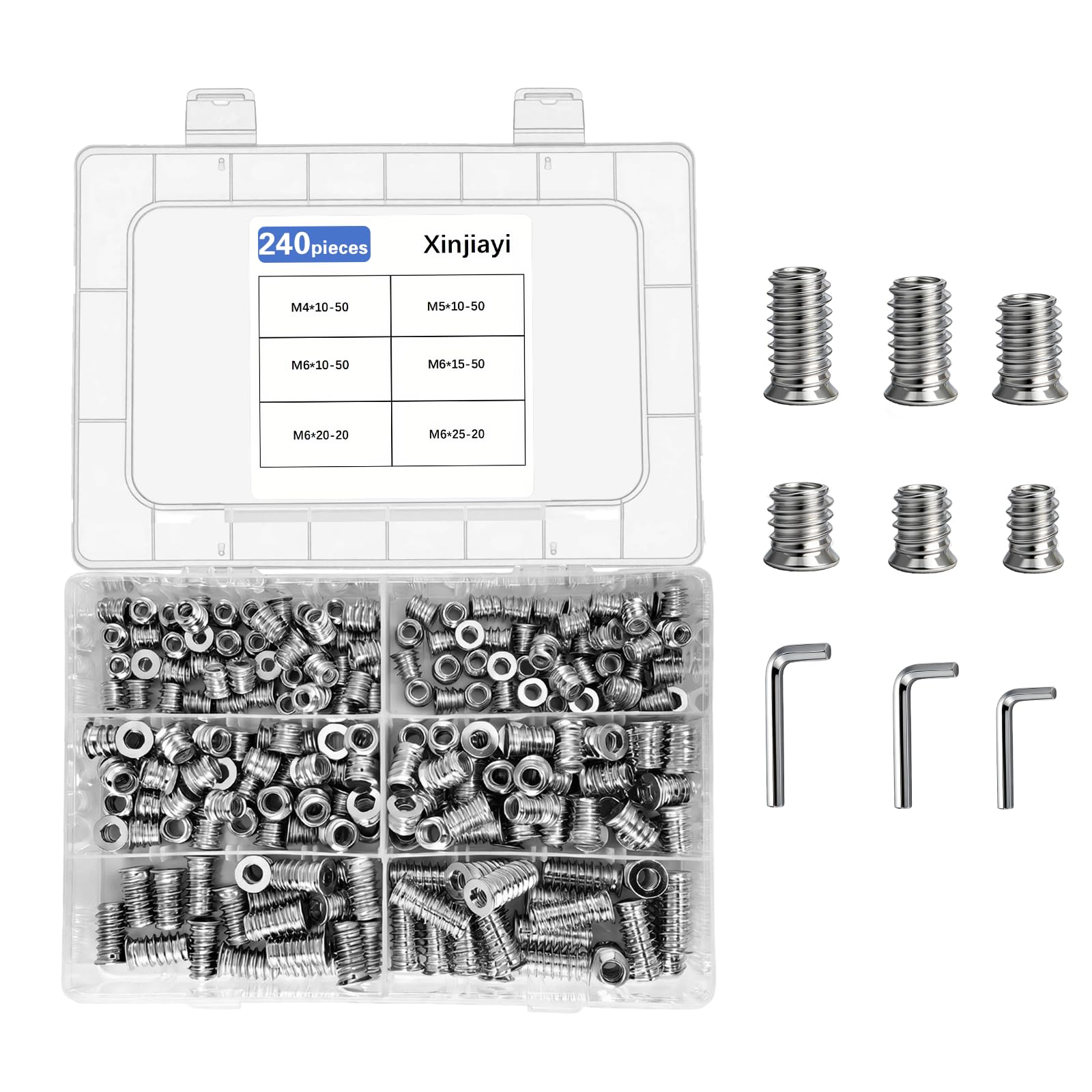 Xinjiayi Threaded Inserts for Wood, 240 Pcs Threaded Inserts Nuts, M4/M5/M6 Nuts, Steel Threaded Inserts, Screw With Box, Hex Socket Nuts for Wood Furniture, DIY and Many Projects