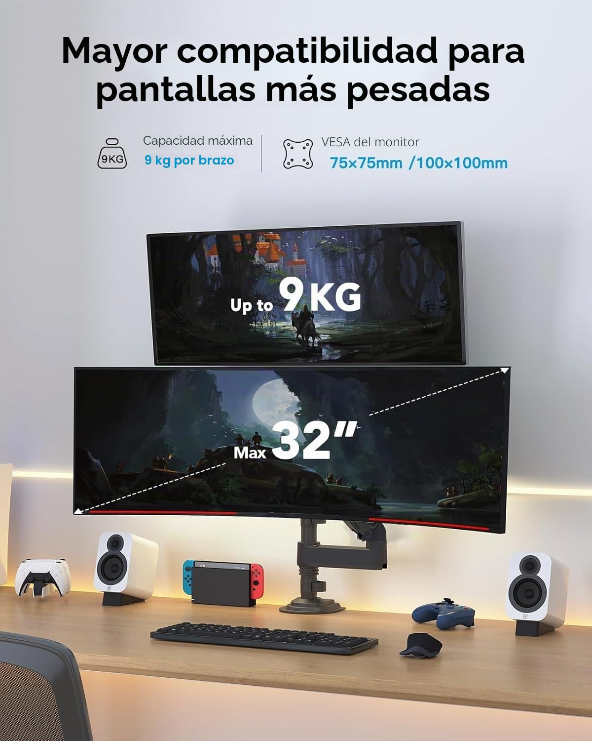 Huanuo - Soporte para Pantalla para PC, 2 Pantallas de 13 a 32 Pulgadas, Brazo para Pantalla de PC con Regulable en Altura, con Movimiento Completo, Soporte VESA 75 x 75/100 x 100 mm