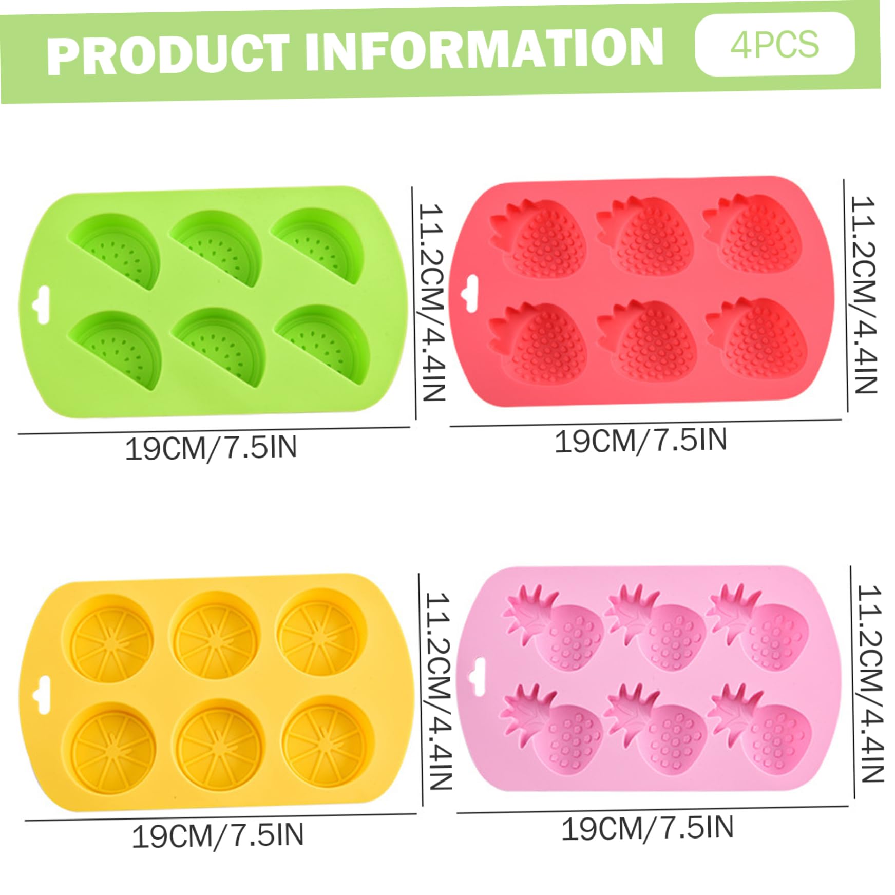 Lot de 4 moules à gommes en silicone, mignons, à bonbons, aux fruits, 6 cavités, dégagement facile, en forme de pastèque, fraise, citron, ananas, pour bricolage, gelée chocolat, collations