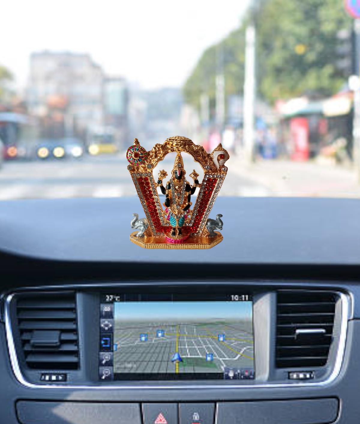 Stone studded Tirupati Balaji with Sudarshan chakra and shankh idol for Car Dashboard - 7.5 cm