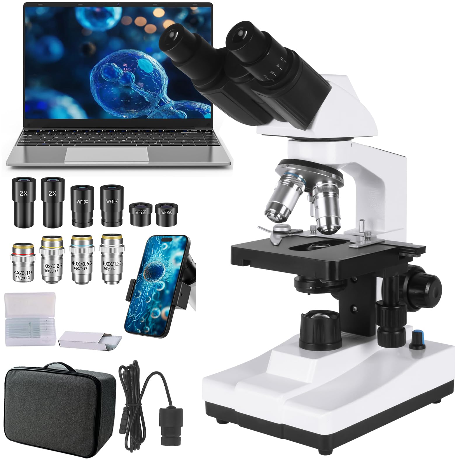 Microscope for Adults WF10x and WF25x Eyepieces, 40X-2500X Magnification, with HD USB Camera, Binocular Microscope for Lab Schools-image-25