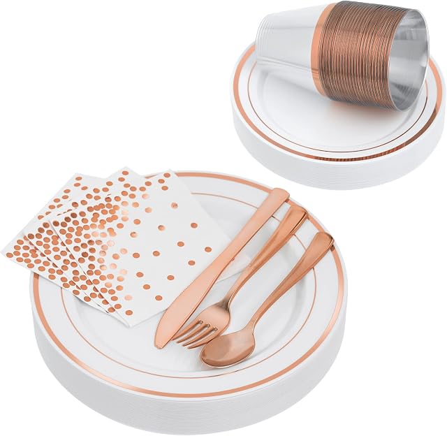 STACKABLES ~ 175 Pcs Dinner Party Set Multi-Use Hard Plastic Elegant Dinnerware Set for 25 Guests White with Rose Gold Rim