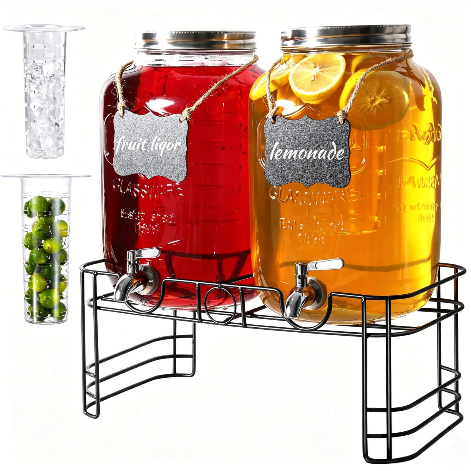 Photo 1 of 2 Gallon Drink Dispensers for Parties, 2 Pack Glass Beverage Dispenser with Stand & 18/8 Stainless Steel Spigot, Lemonade Jug for Wedding, Picnic, BBQ