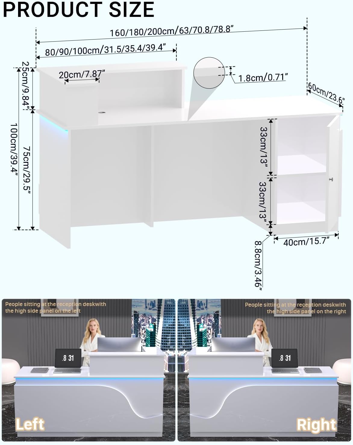 Reception Desk,L Shaped Reception Desk, Counter with Lockable Drawer,Counter for Offices, and Retail Spaces, Easy Assembly (White-L, 78.8 * 23.6 * 39.3in)