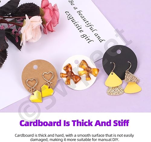 Miniatura 4 de Swpeet Juego de 800 tarjetas de exhibición de aretes de 3 colores, 1.6 in a 1.6 pulgadas, papel kraft redondo blanco y negro, tarjetas con parte