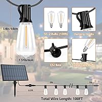Vista 9 de 100 pies de luces de cadena solar para exteriores con control remoto, luces LED recargables por USB para patio con 52 bombillas ST38 Edison