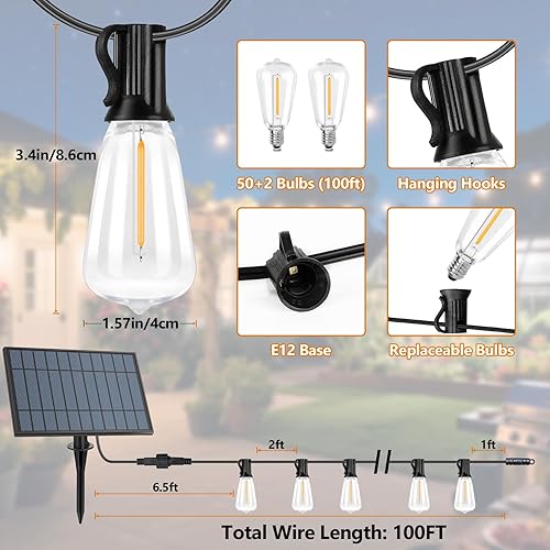 Miniatura 9 de Guirnalda de luces solares para exteriores, impermeables, de 100 pies con control remoto y 52 bombillas LED ST38 inastillables Edison, temporizador,