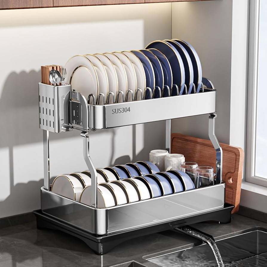 MUSTORN Abtropfgestell Geschirr 2 Ebene Geschirrabtropfgestell Edelstahl Geschirr Abtropfständer Dish Drying Rack Abtropfgitter Spüle Geschirrständer mit Besteckabtropfgestell und Schneidebrett-Halter Küche, Haushalt & Wohnen