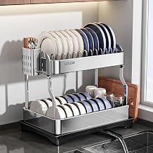 Mustorn Kitchen Crockery Draining Board 2 Levels Stainless Steel Dish Drying Rack on Sink, Dish Drying Rack Cutlery Tray and Stand for Cutting Board