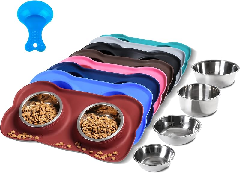 Tigelas para Cães e Gatos Hubulk em Aço Inoxidável com Tapete de Silicone Antiderrapante e Colher Medidora, Tamanho Médio